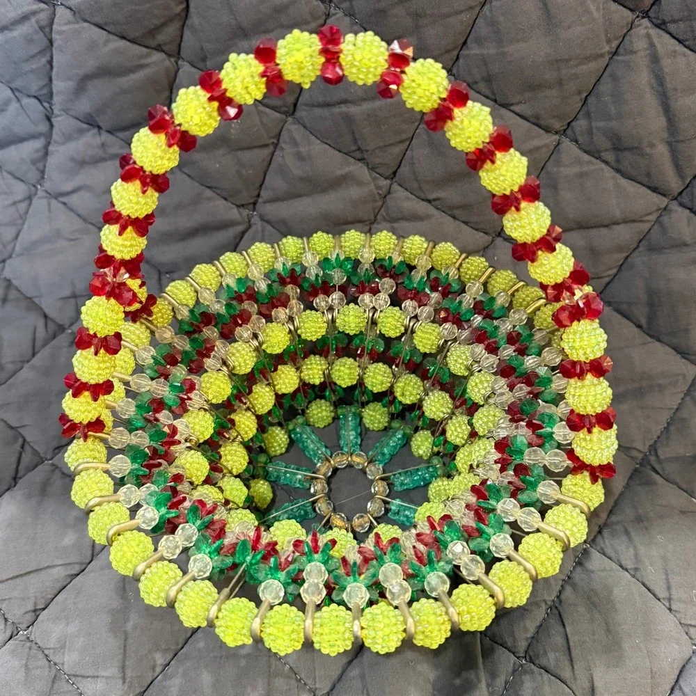 Vintage Beaded Basket Decor Fruit‎ Color Plastic Bead Bowl Display
